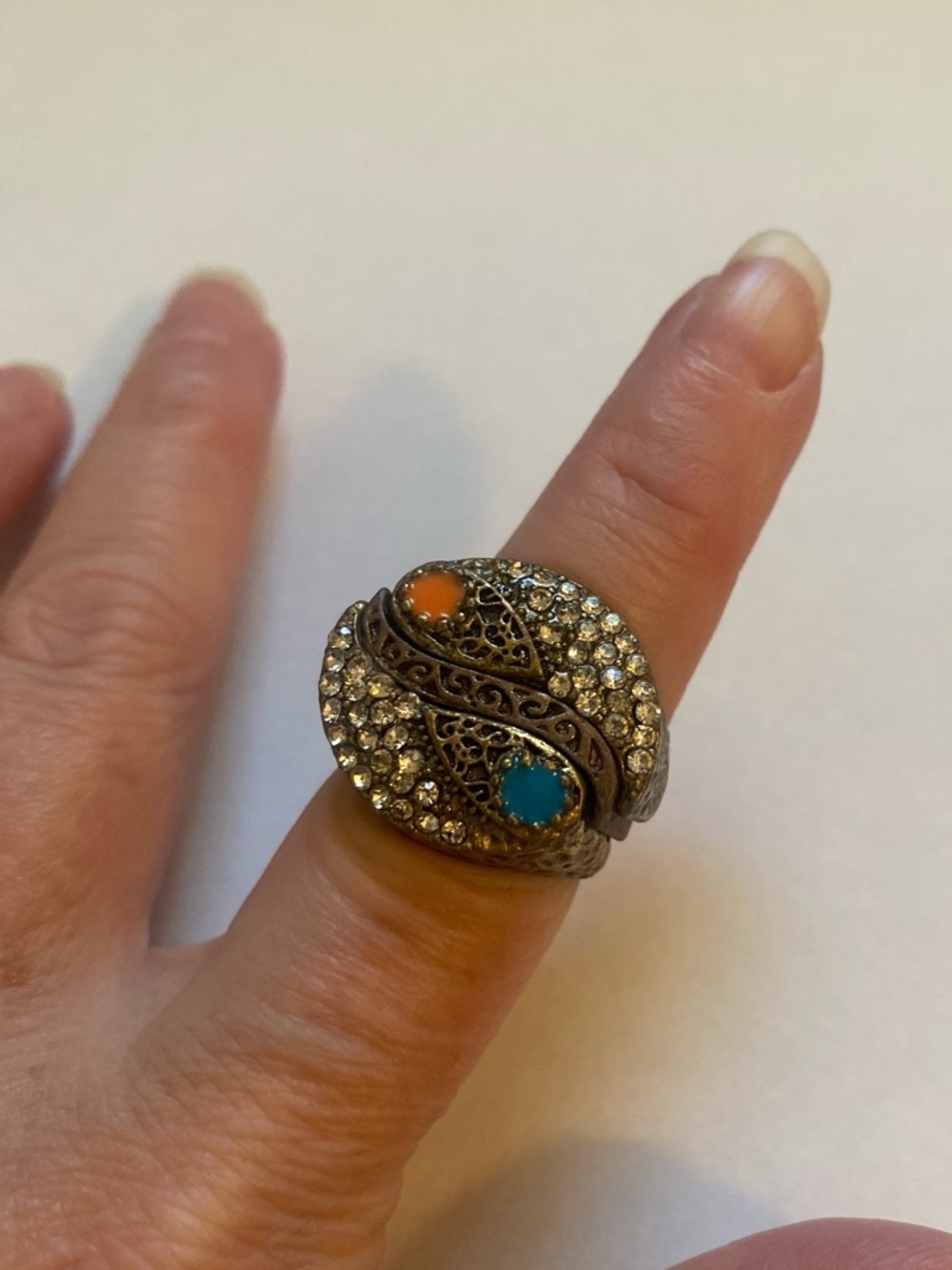 Vintage puzzle ring Crystal Statement Ring with Turquoise and Orange Accents